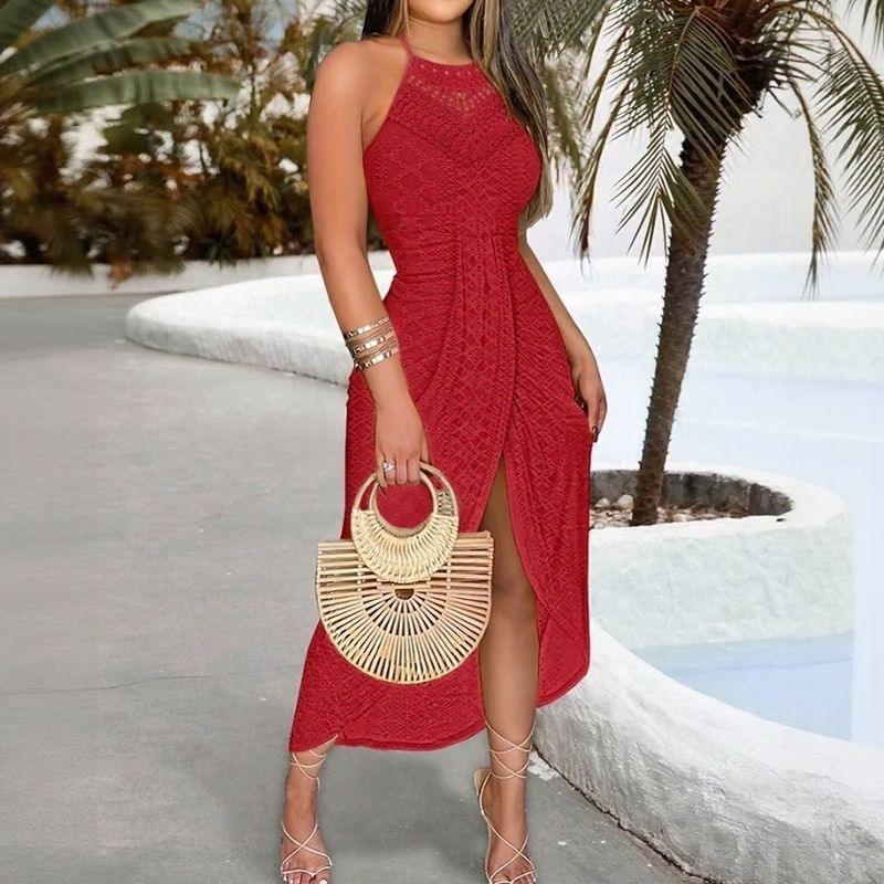 Vestido Solare™ em Tecido Bordado Vazado com Fenda Frontal