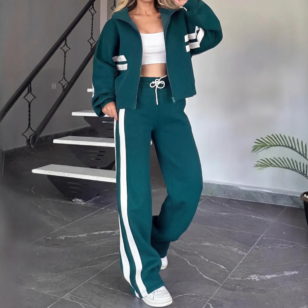 Conjunto Angelina™ com Jaqueta de Gola Alta e Listras Modernas