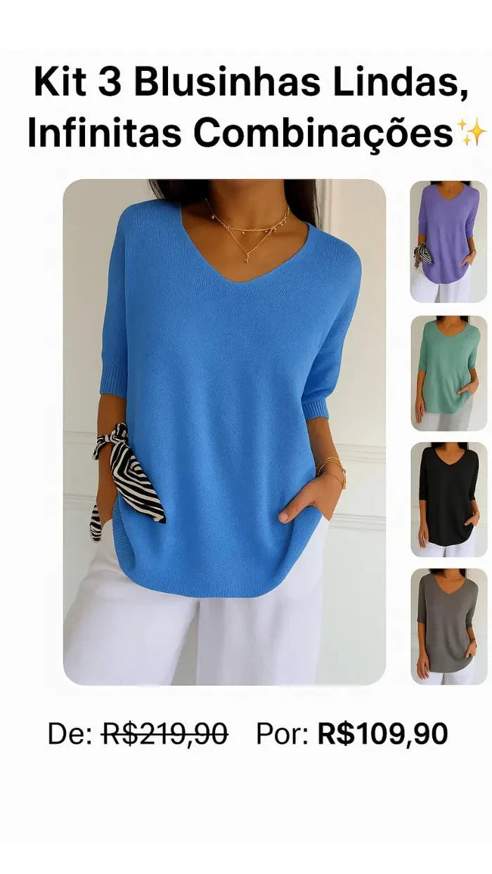 Kit 3 Blusas Femininas Luna em Malha Leve Decote V